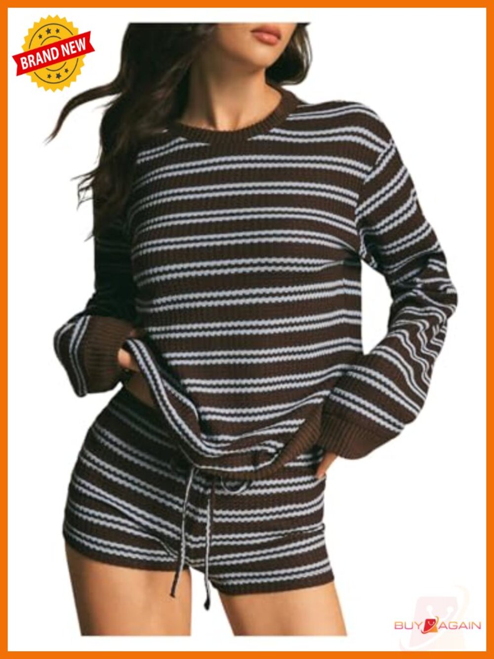 Two Piece Striped Lounge Set Long Sleeve Top & Shorts Cozy Pajama Set